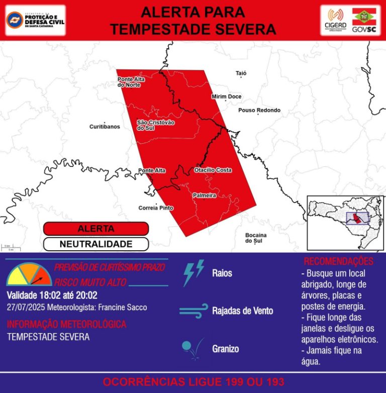 ALERTA: TEMPESTADE SEVERA DOMINGO
